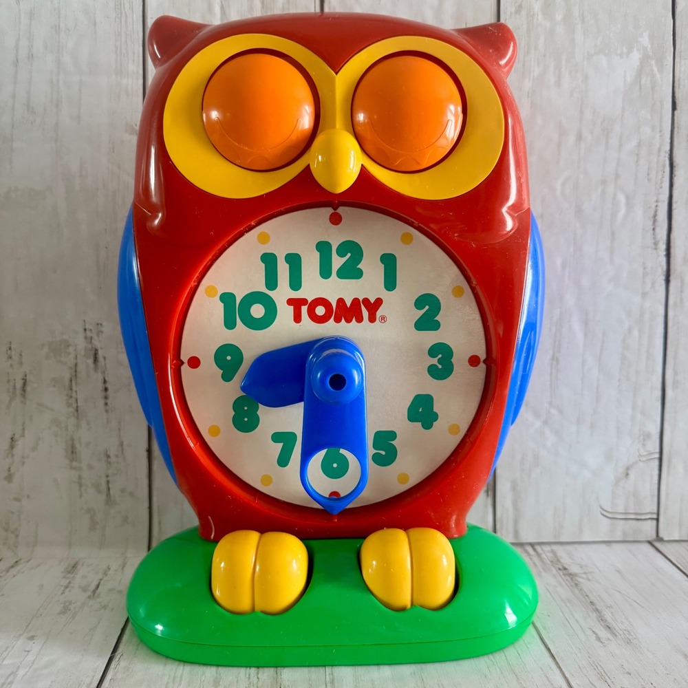 Vintage 1990 Tomy Owl Clock Educational Learn to Tell Time Toy Red Blue Green